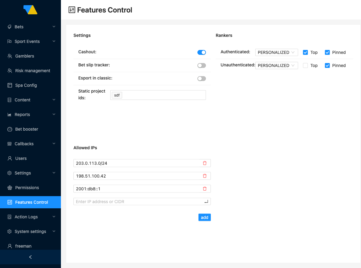 The Allowed IPs section of the Features Control page, listing several whitelisted entries