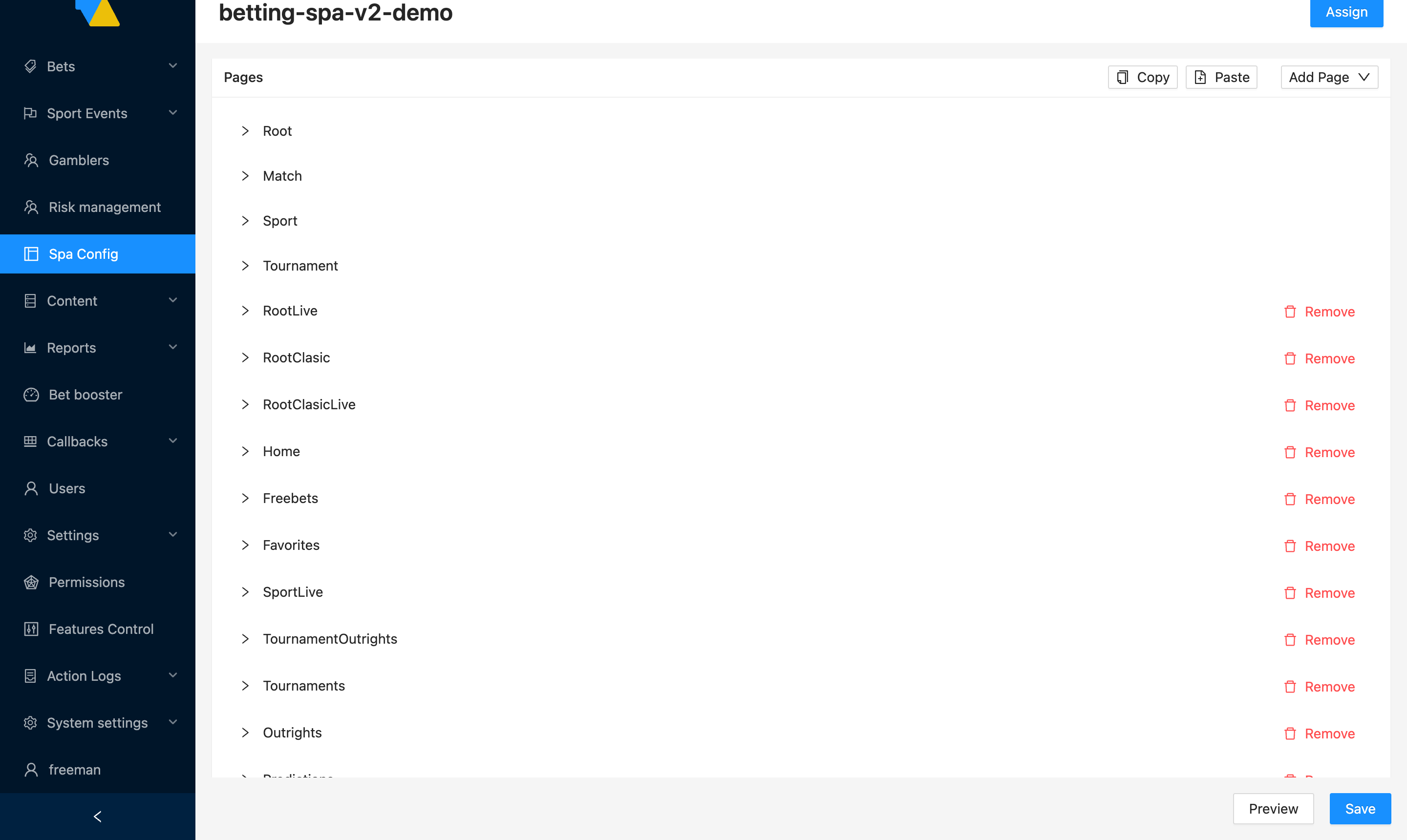SPA Config pages section